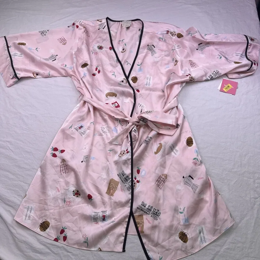 Kate Spade New York Womens French Theme Print Robe White Pink Size Medium NWT